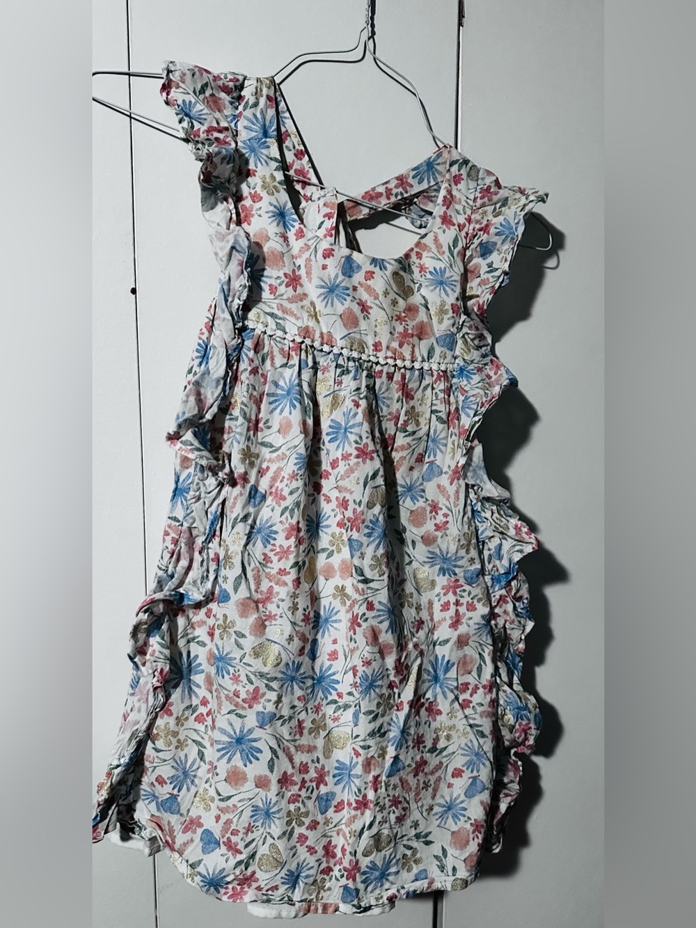 Shabby Chic White Floral Ruffle Dress with Blue & Pink Flowers